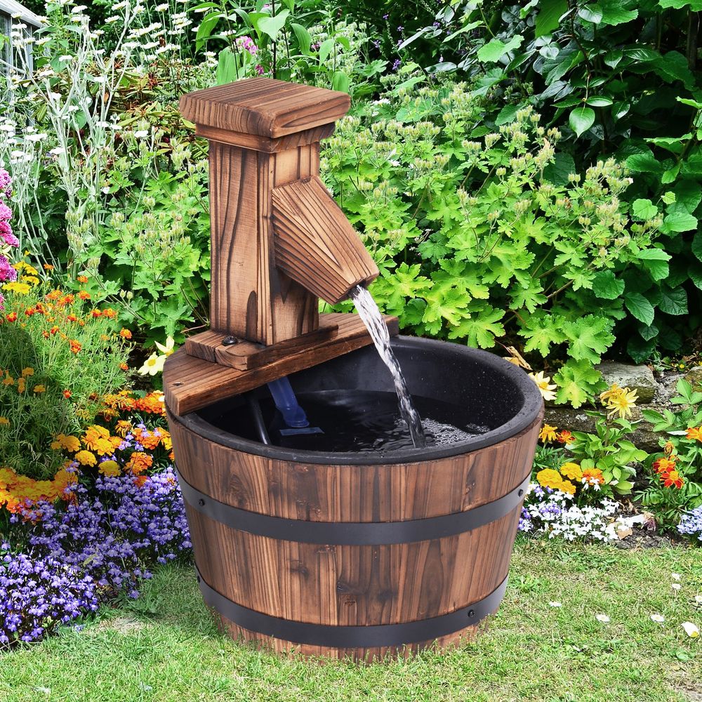 Wood Barrel Pump Patio Water Fountain Water Feature Electric Garden